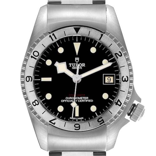 The Tudor Heritage Black Bay M70150-0001 Men's Stainless Steel Black Dial M70150-0001 Men's Stainless Steel Black Dial watch is shown from a front angle, displaying the dial, bezel, and crown.