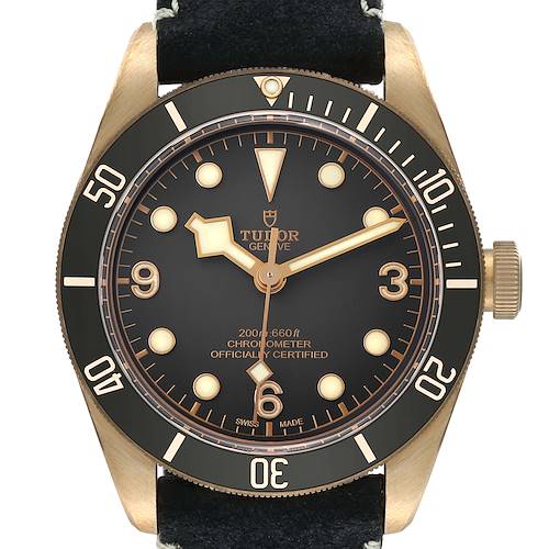 The image shows a Tudor Heritage Black Bay 79250 Men's Bronze Black Dial watch face-on, displaying the dial, bezel, and crown.