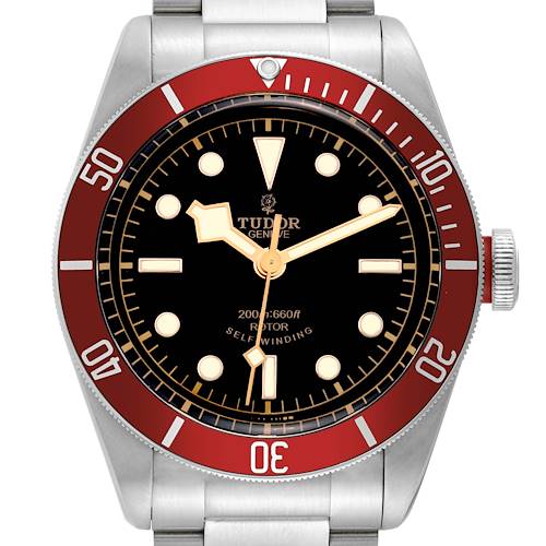 This image shows a front view of the Tudor Heritage Black Bay 79220R Men's Stainless Steel Black Dial 79220R Men's Stainless Steel Black Dial watch, highlighting its dial, bezel, and part of the bracelet.