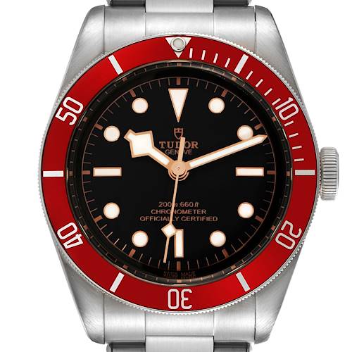 The Tudor Heritage Black Bay 79230R Men's Stainless Steel Black Dial 79230R Men's Stainless Steel Black Dial watch is shown from the front, displaying its bezel, dial, hands, and crown.