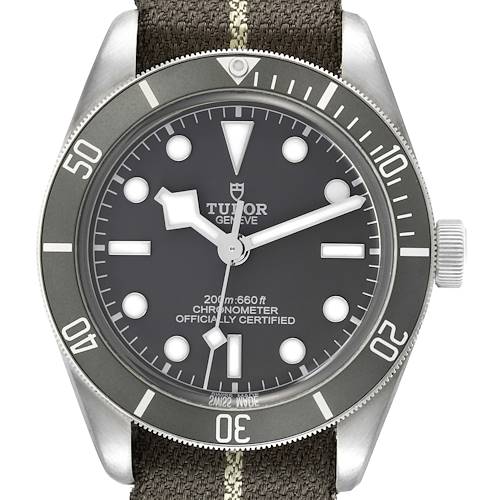 The Tudor Heritage Black Bay 79010 Men's Stainless Steel Grey Dial 79010 Men's Stainless Steel Grey Dial watch is shown from a front angle, highlighting the dial, bezel, and fabric strap.