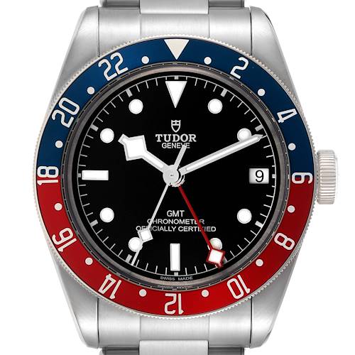 The Tudor Heritage Black Bay 79830RB Men's Stainless Steel Black Dial 79830RB Men's Stainless Steel Black Dial is shown from the front, highlighting the bezel, dial, and crown.