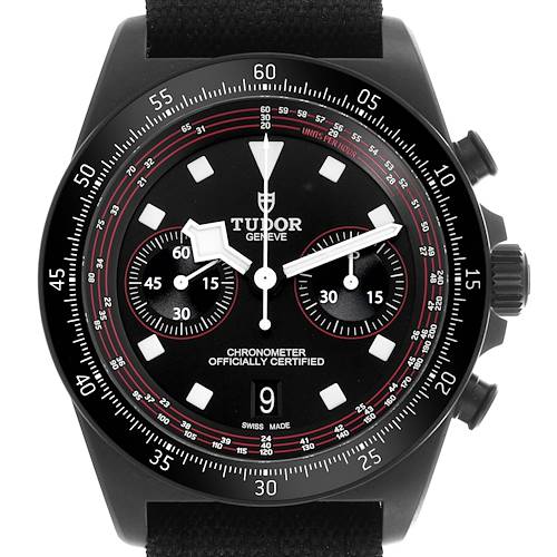 The Tudor Pelagos 25827KN Men's Ceramic Black Dial 25827KN Men's Ceramic Black Dial watch is shown from the front, displaying the dial, bezel, subdials, and crown clearly.