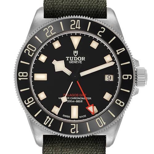 The Tudor Pelagos M2542G257NU Men's Titanium Black Dial watch is shown from a top-down angle, highlighting the dial, bezel, and crown.