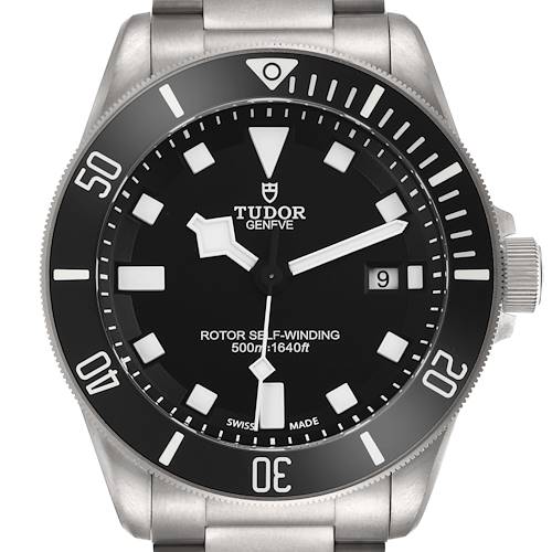 The Tudor Pelagos 25500TN watch is shown from a front angle, highlighting the dial, bezel, and crown.