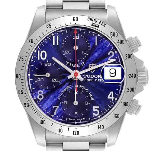 The Tudor Tiger 79280 Men's Stainless Steel Blue Dial 79280 Men's Stainless Steel Blue Dial model watch is shown from the front, displaying the dial, bezel, and side buttons.