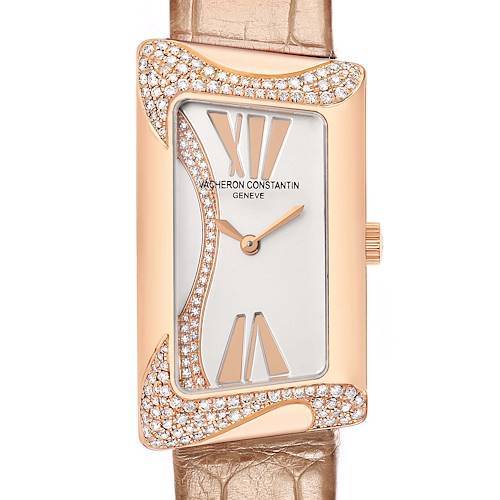 The Vintage model by Vacheron Constantin is shown from a frontal angle, displaying the rectangular diamond-studded case and dial.