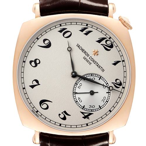 The Vacheron Constantin Historiques 82035/000R-9359 Men's Rose Gold Silver Dial watch is shown from the front, highlighting the dial, hands, and sub-dial.