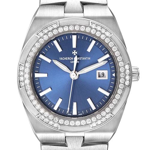 This image shows a front view of the Vacheron Constantin Overseas 1205V/100A-B590 Women's Stainless Steel Blue Dial 1205V/100A-B590 Women's Stainless Steel Blue Dial watch, highlighting its blue dial and diamond-encrusted bezel.