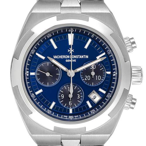 The image shows a front view of the Vacheron Constantin Overseas 5500V Men's Stainless Steel Blue Dial watch, highlighting its blue dial, chronograph subdials, and date window.