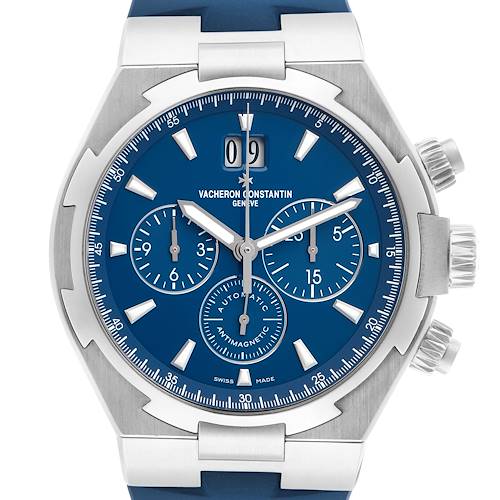 The Vacheron Constantin Overseas 49150 Men's Stainless Steel Blue Dial watch is shown from the front, featuring its blue dial, chronograph subdials, and pushers.