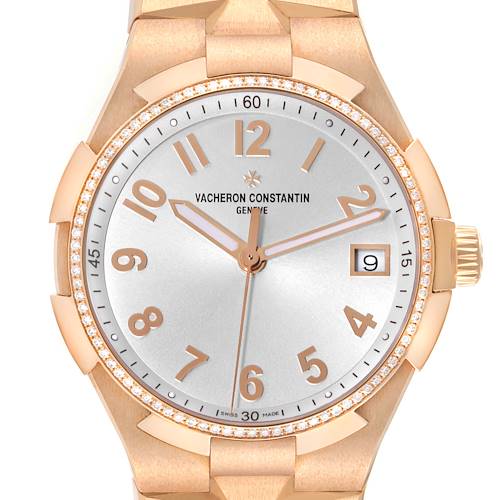The image shows a front view of the Vacheron Constantin Overseas 47560/D01R-9672 Women's Rose Gold Silver Dial 47560/D01R-9672 Women's Rose Gold Silver Dial watch, highlighting its dial, hands, crown, and bracelet.