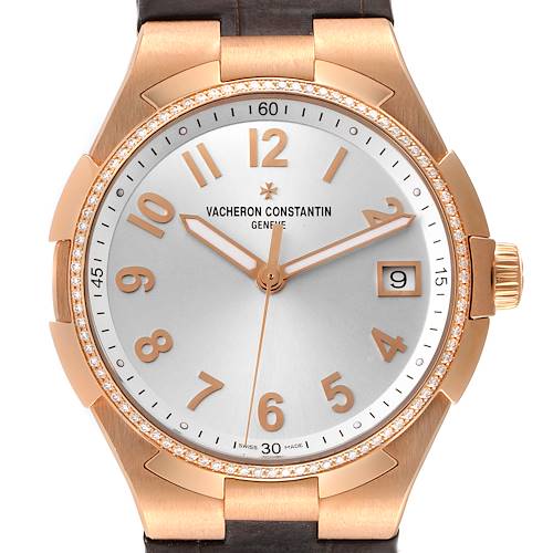 This image shows a Vacheron Constantin Overseas 47560/000R-9672 Women's Rose Gold Silver Dial 47560/000R-9672 Women's Rose Gold Silver Dial model watch from a frontal angle, highlighting the dial, bezel, hands, and crown.