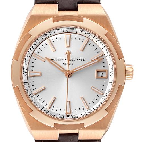 The image shows a front view of the Vacheron Constantin Overseas 4500V/000R-B127 Men's Rose Gold Silver Dial 4500V/000R-B127 Men's Rose Gold Silver Dial watch, highlighting the dial, bezel, crown, and hands.