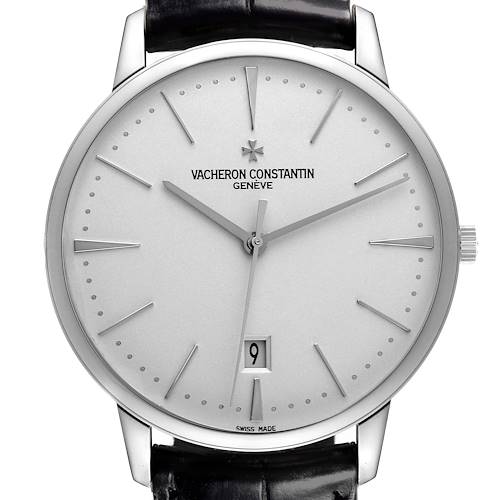 The Vacheron Constantin Patrimony 85180/000G-9230 Men's White Gold Silver Dial 85180/000G-9230 Men's White Gold Silver Dial watch is shown from a front angle, highlighting its dial, hands, and date window.