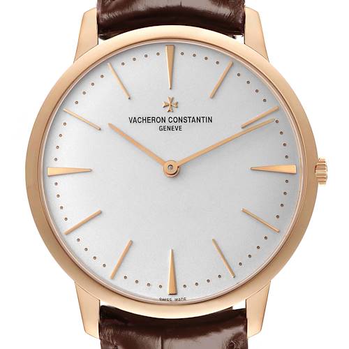 The Vacheron Constantin Patrimony 81180 Men's Rose Gold Silver Dial watch is shown from the front, displaying its face, hands, and part of the brown leather strap.