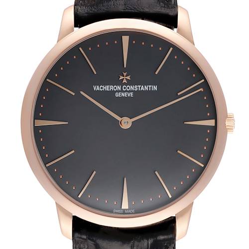 The Vacheron Constantin Patrimony 81180 Men's Rose Gold Grey Dial watch is shown from the front, displaying the face, hands, and branding clearly.