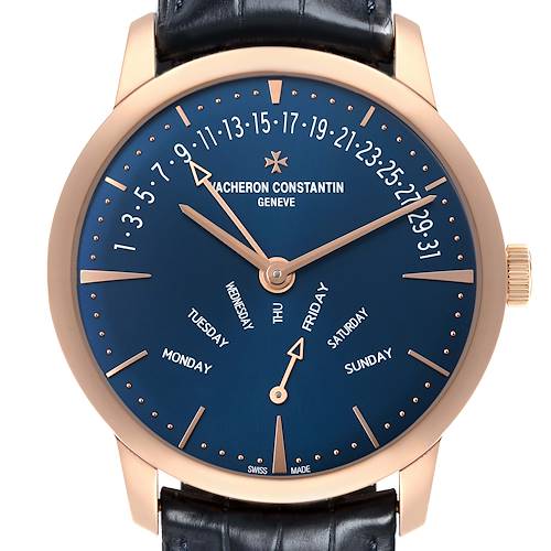 The image shows a front view of the Vacheron Constantin Patrimony 4000U Men's Rose Gold Blue Dial watch, highlighting its blue dial and date features.