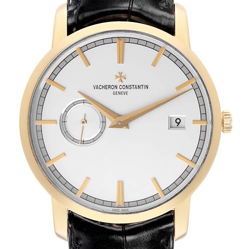 This Vacheron Constantin Traditionnelle 87172/000J Men's Yellow Gold Silver Dial 87172/000J Men's Yellow Gold Silver Dial watch is shown from the front, displaying the face, hands, date window, and part of the strap.