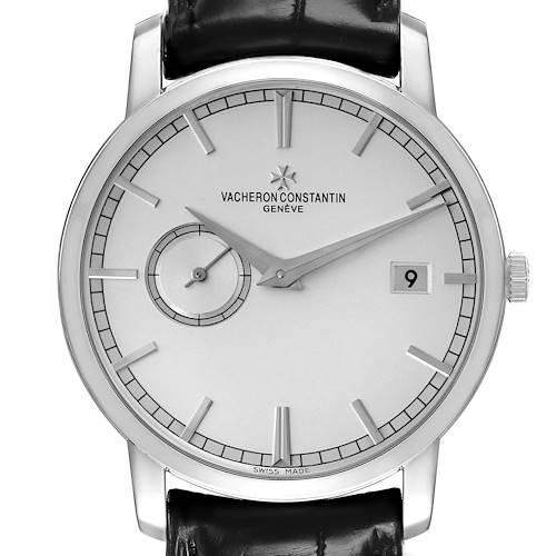 The Vacheron Constantin Traditionnelle 87172 Men's White Gold Silver Dial watch is shown from a front angle, highlighting the face, hands, date window, and strap.