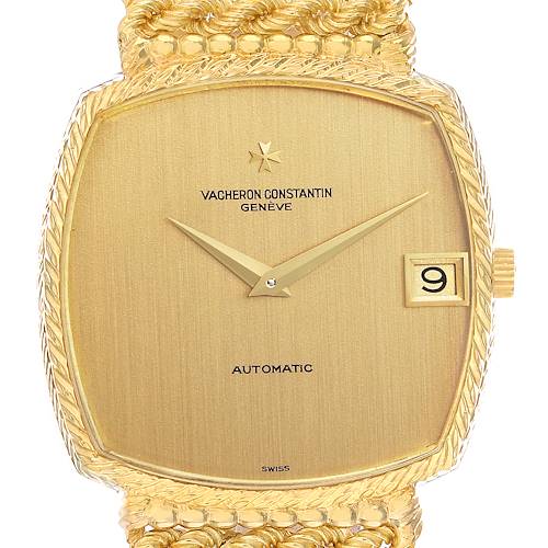 The Vacheron Constantin Vintage 44005/226 Men's Yellow Gold Yellow Dial model is shown from the front, highlighting the gold face, hands, date window, and textured bezel.