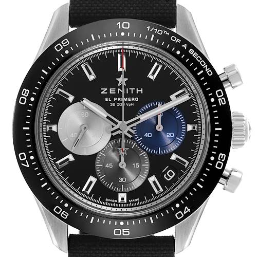 The image shows a front view of the Zenith Chronomaster 03.3100.3600/21.C822 Men's Stainless Steel Black Dial 03.3100.3600/21.C822 Men's Stainless Steel Black Dial watch, highlighting the dial, bezel, and pushers.