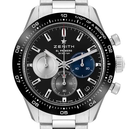 The image shows a Zenith Chronomaster 03.3100.3600/21.M3100 men's watch from the front, highlighting the dial, bezel, subdials, and crown.