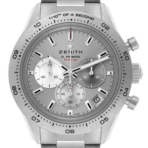 The Zenith Chronomaster 95.3100.3600.39.M3100 Men's Titanium Silver Dial 95.3100.3600.39.M3100 Men's Titanium Silver Dial watch is shown from a front angle, featuring its dial, bezel, subdials, crown, and pushers.