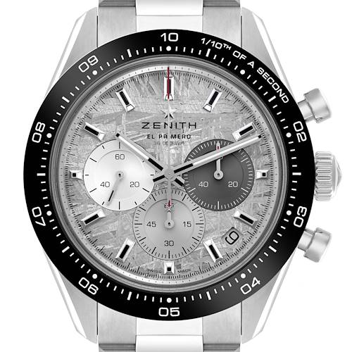 This image shows the Zenith Chronomaster 03.3120.3600/76.M3100 Men's Stainless Steel Silver Dial 03.3120.3600/76.M3100 Men's Stainless Steel Silver Dial watch at a straight-on angle, highlighting its face, chronograph subdials, and bezel.