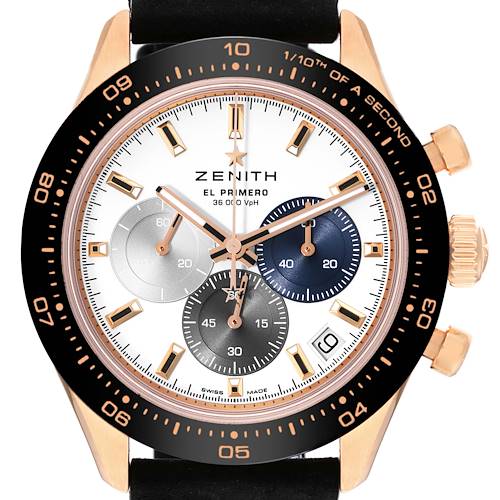 The image shows a Zenith Chronomaster 18.3100.3600/69.C920 Men's Rose Gold White Dial 18.3100.3600/69.C920 Men's Rose Gold White Dial watch front view, highlighting the dial, chronograph subdials, and the bezel.