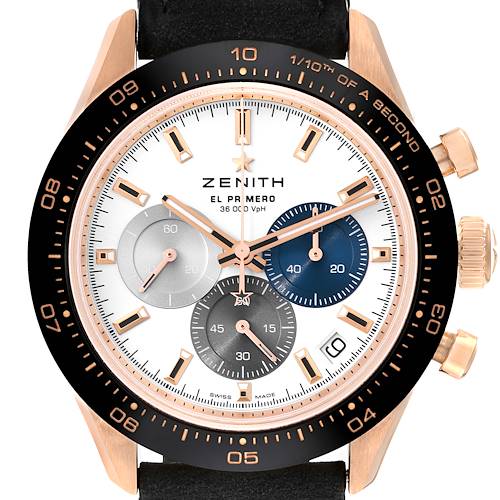 The image shows a front view of the Zenith Chronomaster 18.3100.3600/69.C920 Men's Rose Gold White Dial 18.3100.3600/69.C920 Men's Rose Gold White Dial El Primero watch, highlighting its dial, subdials, bezel, and crown.