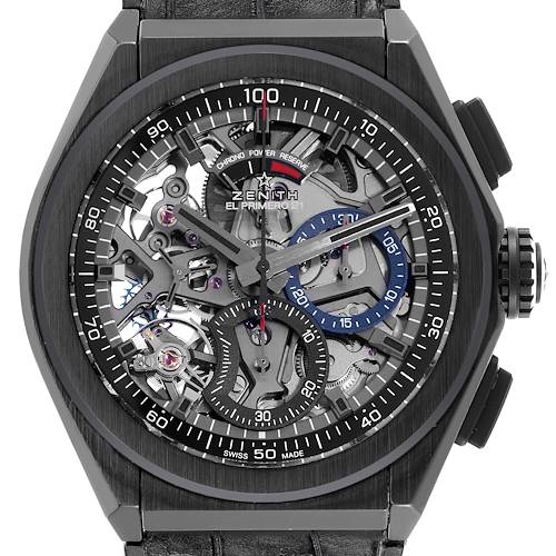 The Zenith Defy 49.9000.9004/78.R782 Men's Ceramic Transparent Dial 49.9000.9004/78.R782 Men's Ceramic Transparent Dial model is shown from the front, highlighting its open-worked dial and intricate mechanical parts.