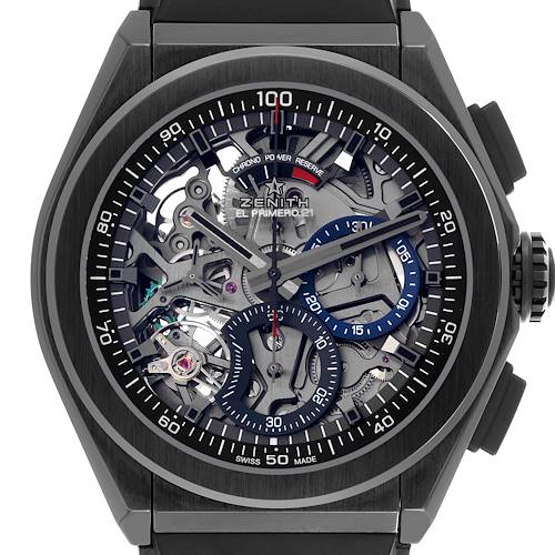 The Zenith El Primero 49.9000.9004/78.R782 Men's Ceramic Black Dial 49.9000.9004/78.R782 Men's Ceramic Black Dial model is shown from a front angle, highlighting its open-worked dial and chronograph features.