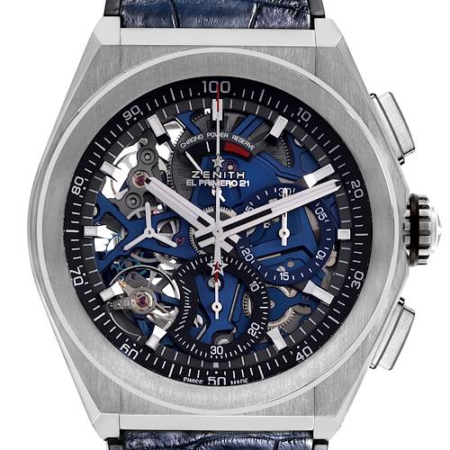 The Zenith El Primero 95.9002.9004/78.R584 Men's Titanium Blue Dial 95.9002.9004/78.R584 Men's Titanium Blue Dial watch is shown from a front angle, highlighting its detailed skeleton dial and crown.