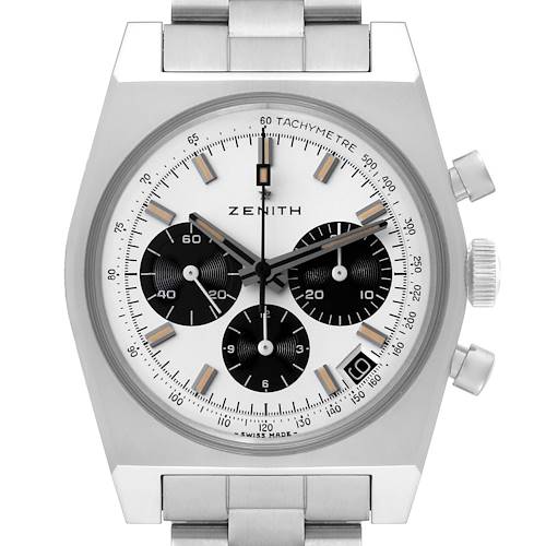 The Zenith El Primero 03.L384-2.400/07.M384 Men's Stainless Steel White Dial 03.L384-2.400/07.M384 Men's Stainless Steel White Dial watch is shown from a front angle, highlighting its dial, chronograph sub-dials, and bracelet.