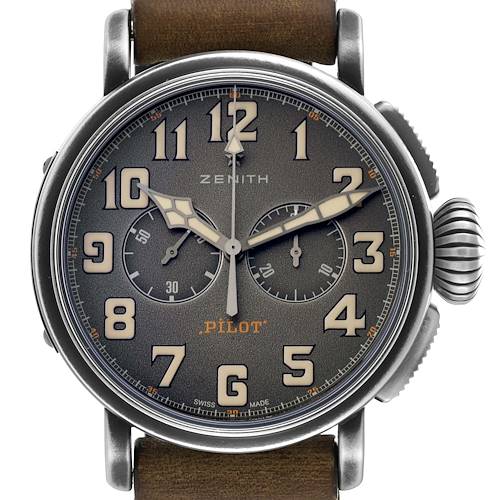 Shown is a front view of the Zenith Pilot 11.2430.4069 Men's Stainless Steel Grey Dial 11.2430.4069 Men's Stainless Steel Grey Dial watch, displaying its dial, hands, and crown.
