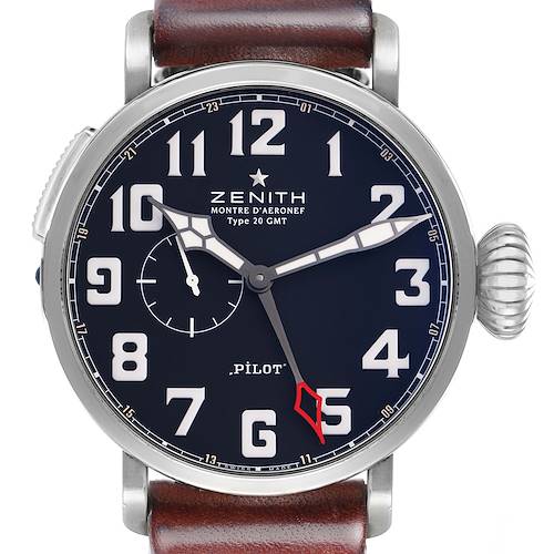 The Zenith Pilot 03.2430.693 Men's Stainless Steel Black Dial watch is shown from the front, displaying the dial, numerals, hands, crown, and leather strap.
