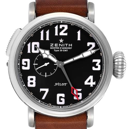 This Zenith Pilot 03.2430.693 Men's Stainless Steel Black Dial watch is shown from a front angle, highlighting the dial and crown with a leather strap.